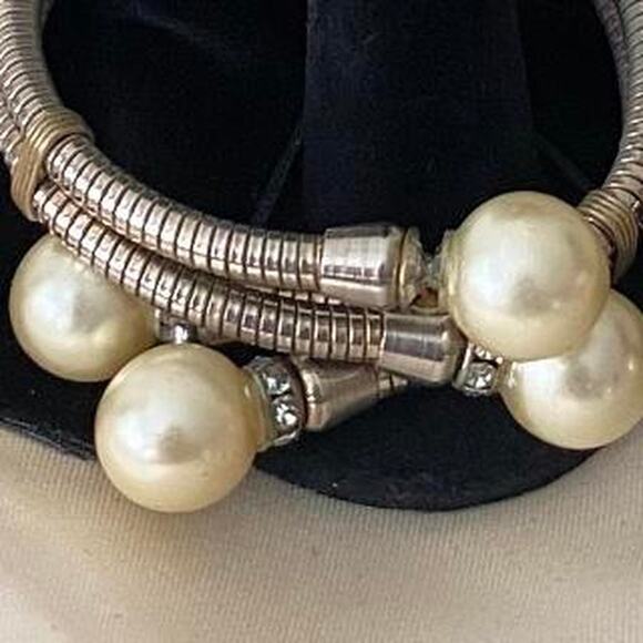 Vintage bracelet wrap around retro expandable silver (not tested) pearl cubic - Picture 5 of 8